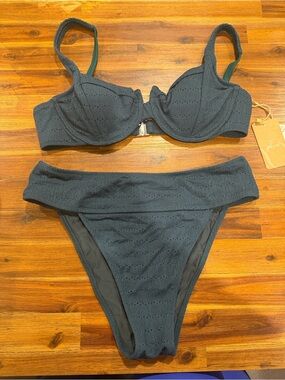 Women's Dark Teal Textured Underwire Bikini Set